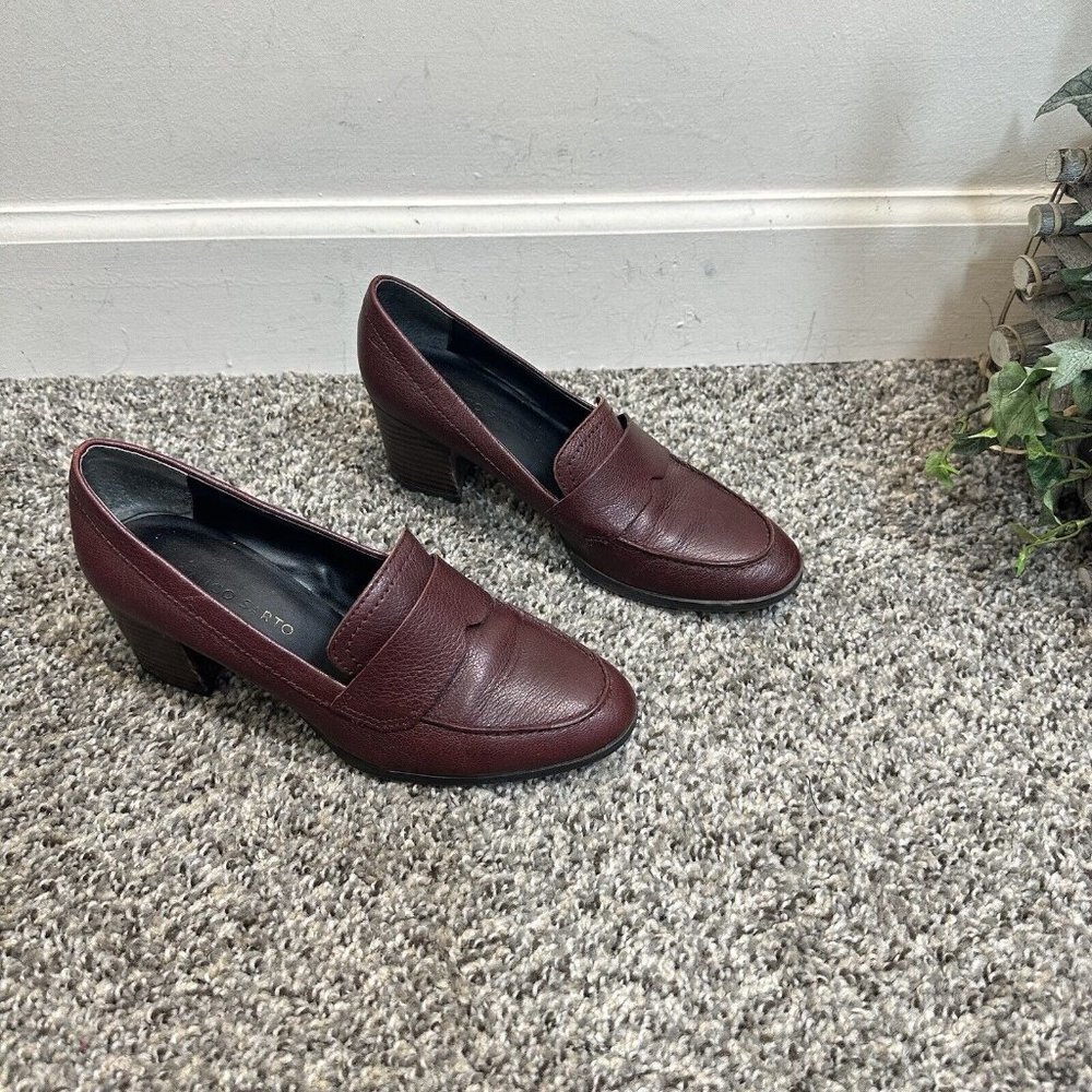 Franco Sarto Penny Loafer Pumps Heel Shoe Maroon Red Leather Block Heel US 6.5
